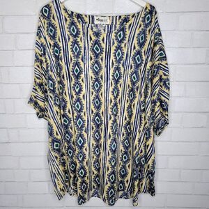 We Be Bop Vintage Yellow Blue Diamond Patterned Scoop Neck Blouse
